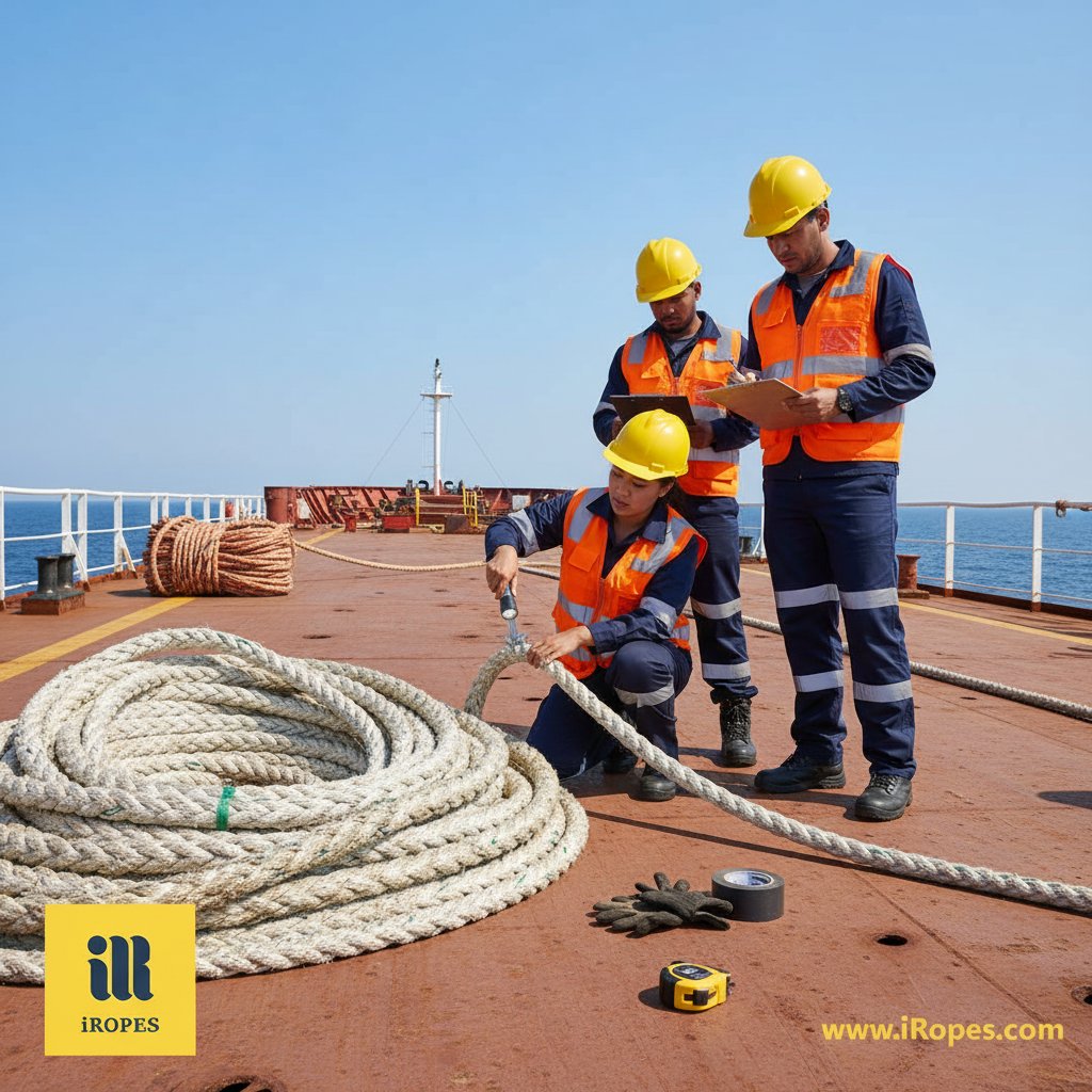 Crew inspecting coiled mooring lines on a ship deck under clear skies, examining for wear with tools nearby and protective gear on