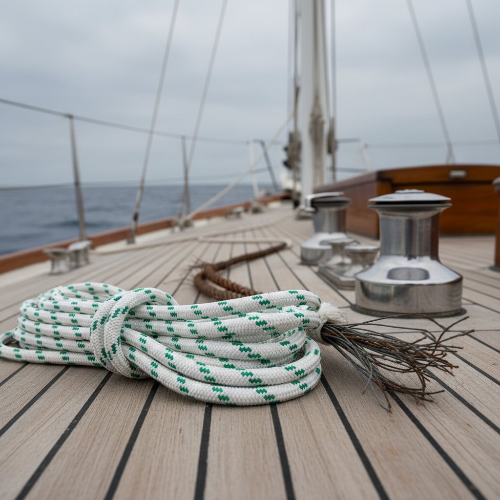 Close-up of modern synthetic halyard coiled on a ship deck next to a rusted wire halyard, showing braided Dyneema fibres in white against blue ocean waves and steel fittings under overcast skies