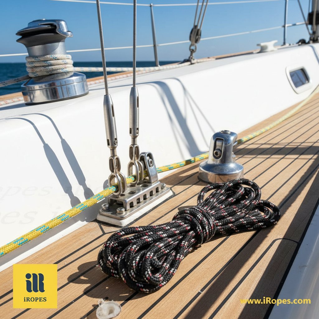 Close-up view of sailboat running rigging with sheets led through blocks, control lines like vang and outhaul coiled on deck, and standing shrouds tensioned against a white hull in daylight, showing wear patterns on polyester ropes for educational purposes