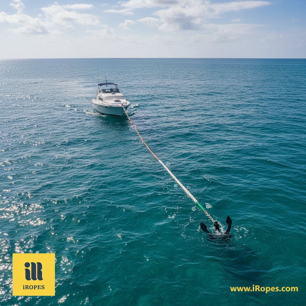Boat anchored in moderate waves with visible rope-chain rode deploying from bow roller to seabed anchor, illustrating extended scope in blue water under partly cloudy skies with distance markers for depth and angle