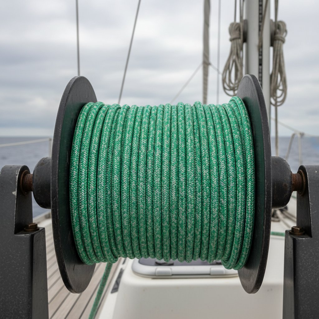 Detailed view of a grooved rope drum on a marine winch system, showing synthetic rope evenly spooled with tension lines visible against a weathered steel frame on a yacht deck under overcast skies, emphasizing smooth winding and load distribution
