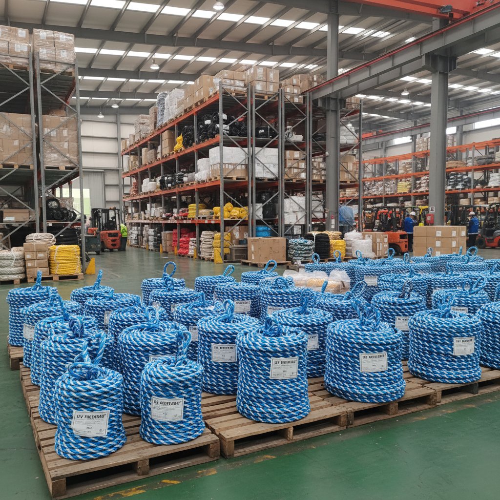 Custom polypropylene mooring rope in branded blue and white colors coiled on a warehouse pallet, showing varied diameters, eye splices, and packaging labels against industrial shelves and shipping crates