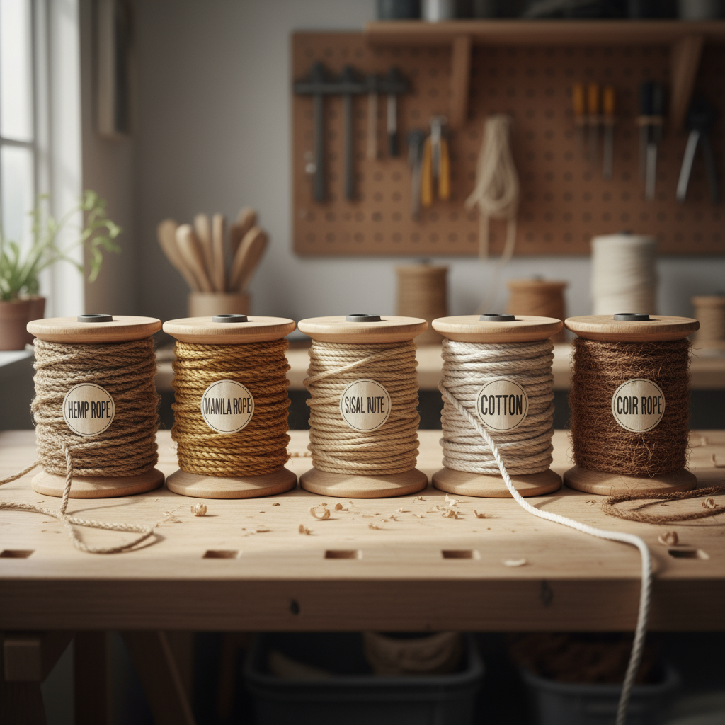 Six spools of natural fibre rope—hemp, Manila, sisal, jute, cotton and coir—displayed side by side, each showing its unique colour and texture
