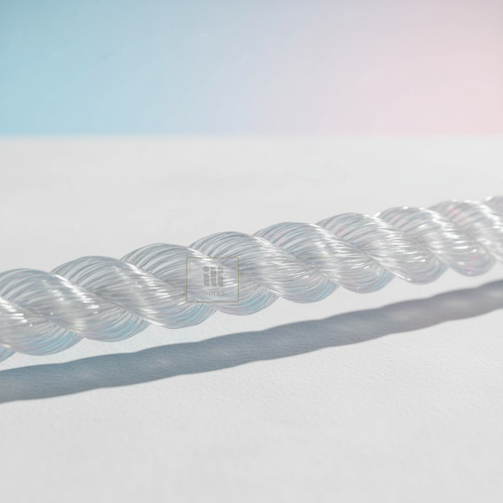 Close-up of clear nylon rope strands glistening against a light background, showing its transparent appearance and fine filament texture