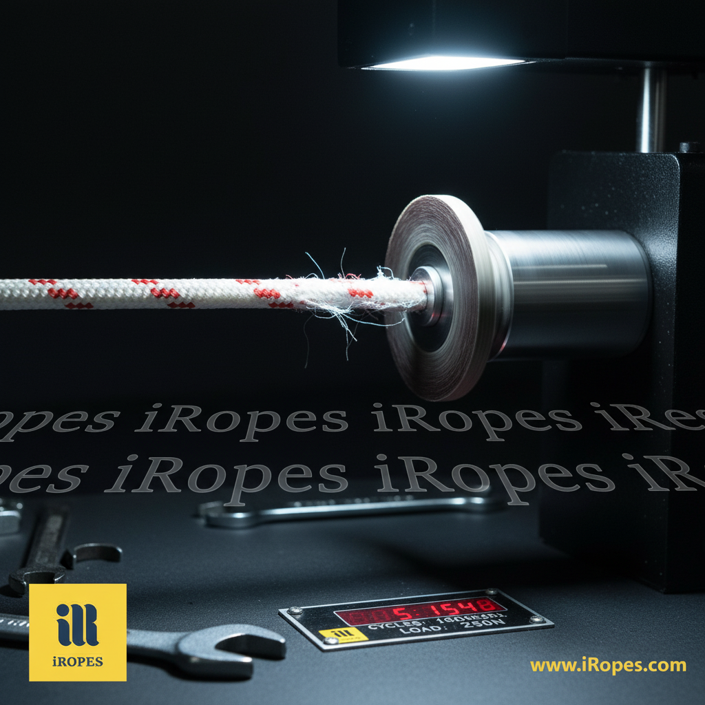 Close‑up of a Dyneema rope undergoing ISO 4649 abrasion test, fibres glistening against a dark background