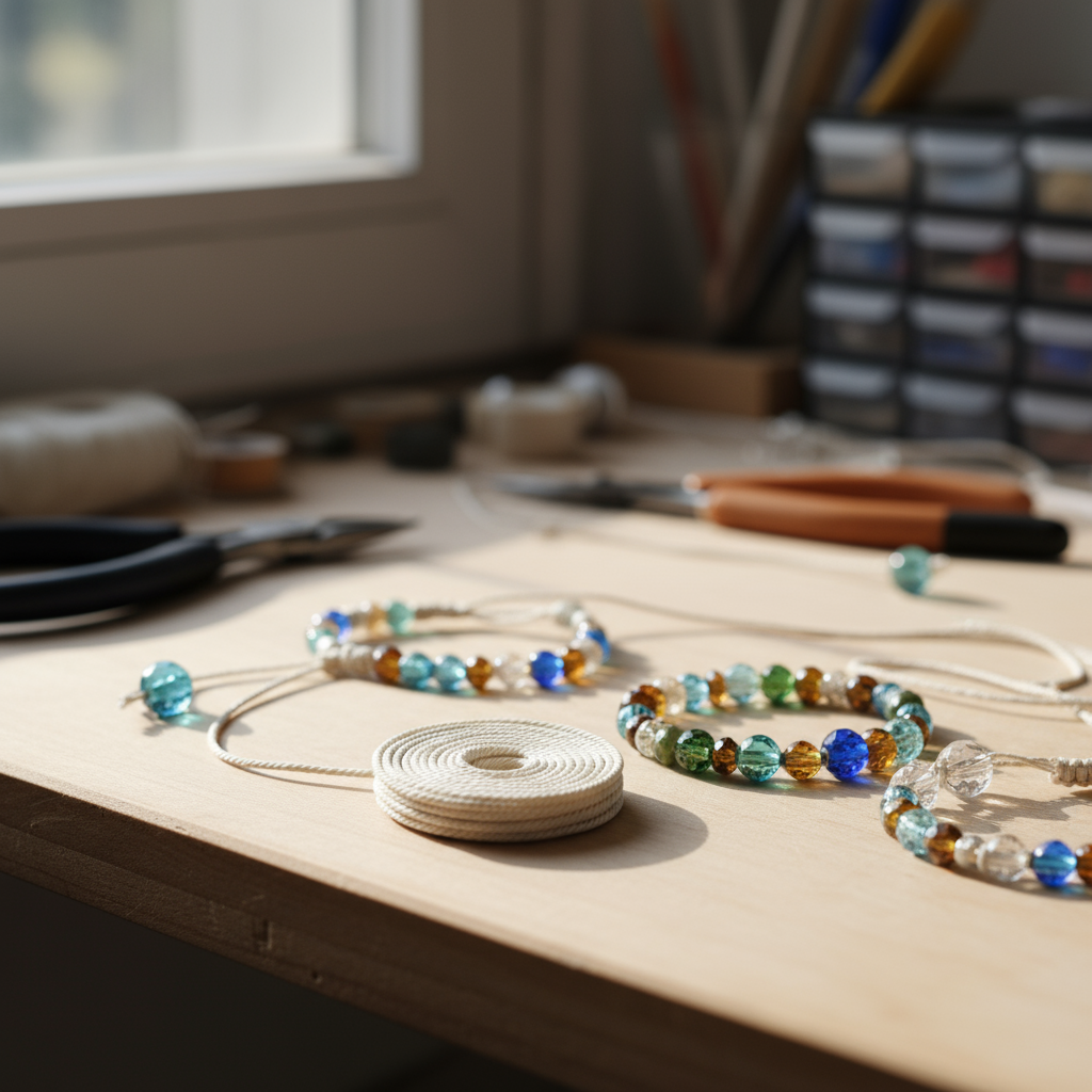 Close‑up of 0.8 mm small nylon rope coiled beside beads, highlighting its fine texture and subtle colour, perfect for jewellery and beading projects