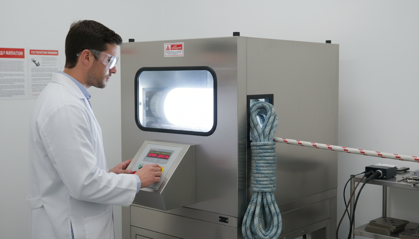 UV testing of polyester rope under ASTM G154, showing a bright lamp and rope sample resisting fading