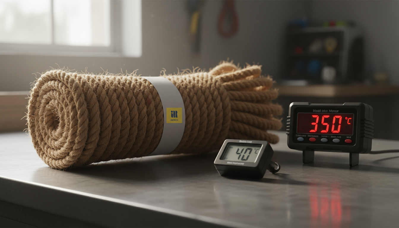 Coiled Manila rope next to a heat gauge indicating 350°C, demonstrating its high burn point and resistance to continuous 40°C use