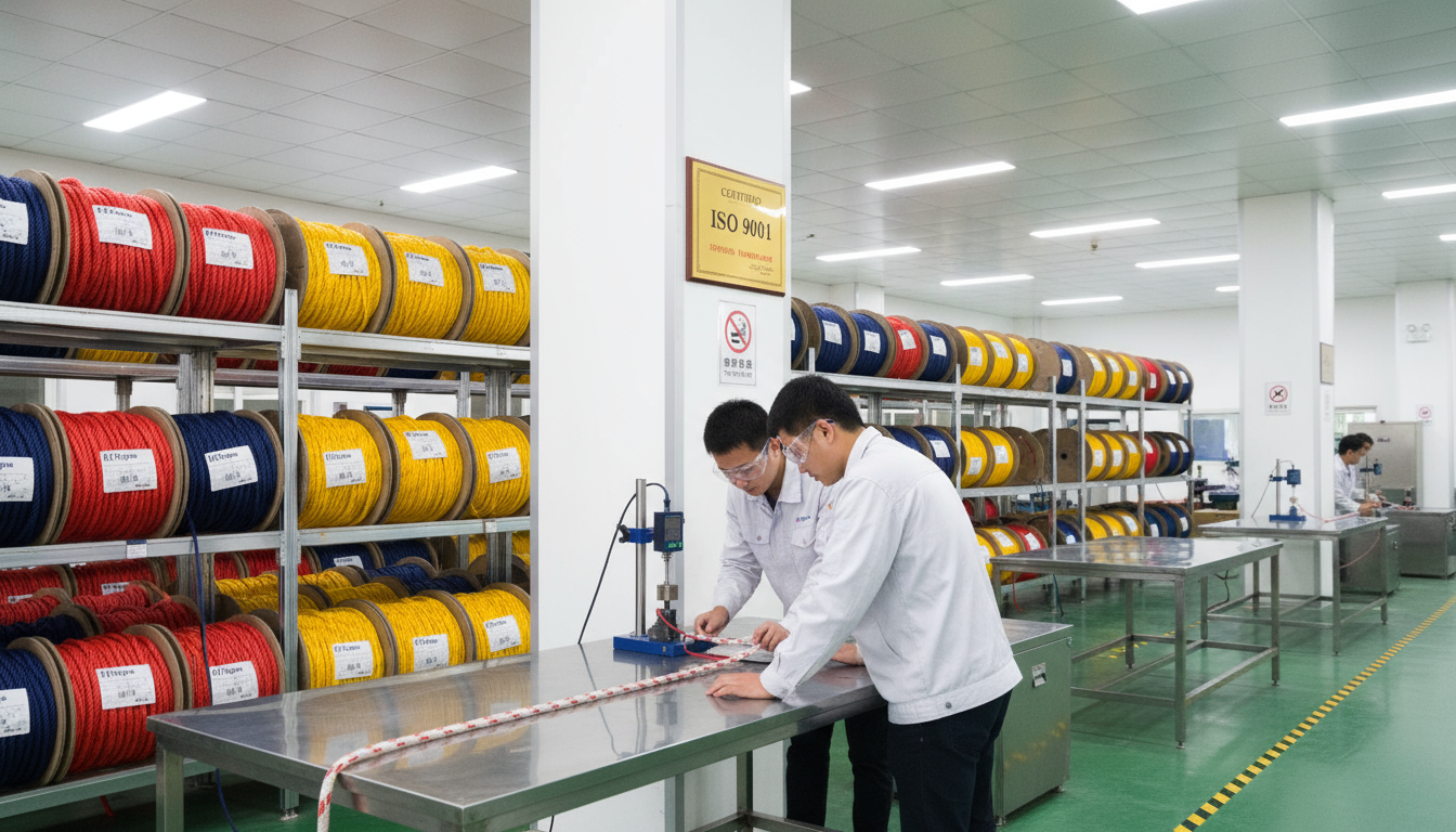 iRopes manufacturing floor with custom rope spools, engineers inspecting quality, bright lighting, showcasing ISO 9001 certified environment