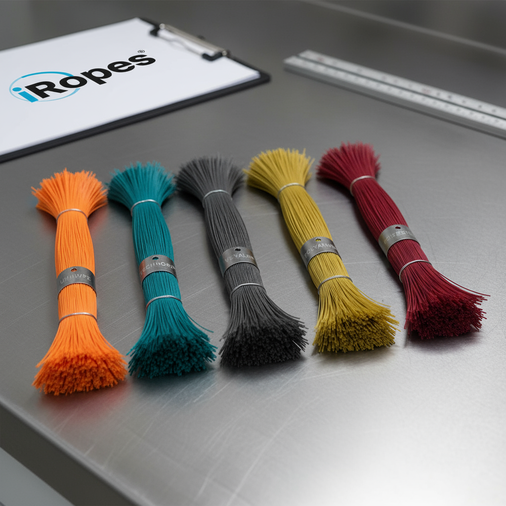 Array of synthetic fibre strands – UHMWPE, Technora™, Kevlar®, Vectran®, polyamide, polyester – displayed against a dark lab bench