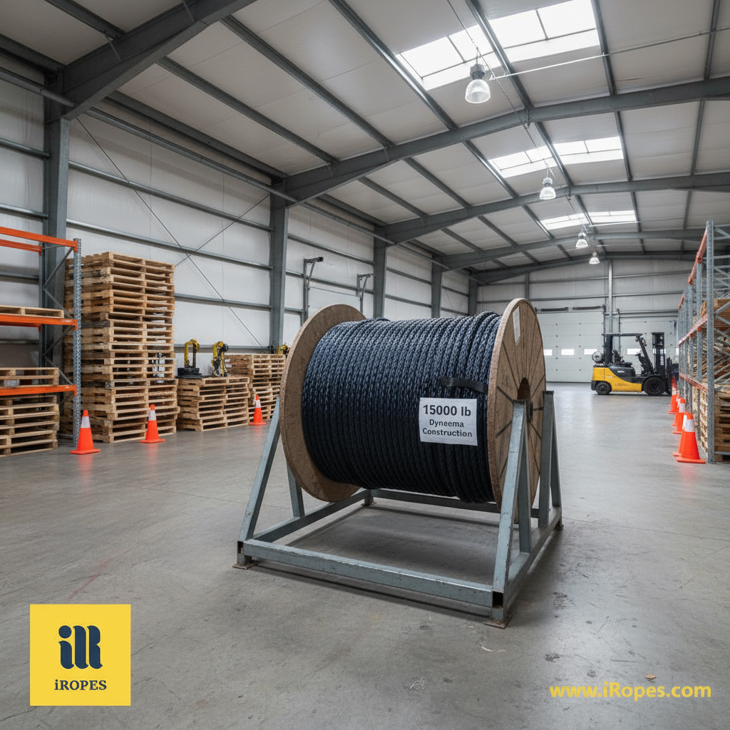 Roll of 15000 lb synthetic winch rope on a warehouse rack, showing dark navy colour and label indicating Dyneema construction