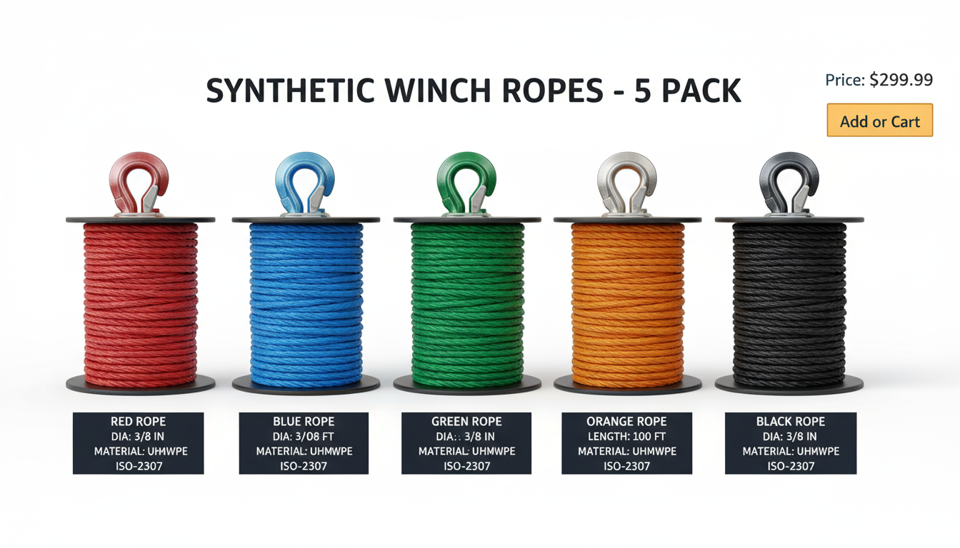 Side‑by‑side display of five synthetic winch ropes on an Amazon page, showing colour‑coded spools and spec labels