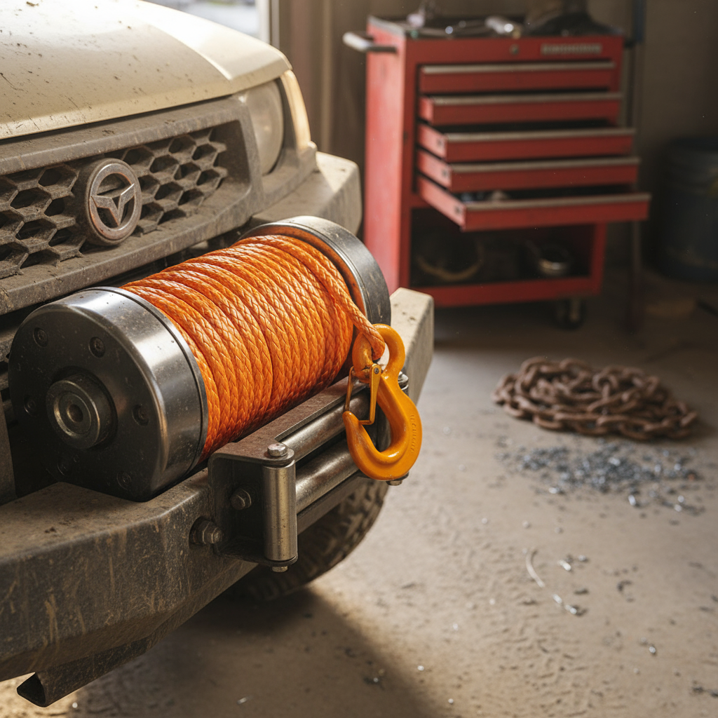 Close‑up of a 5000 lb synthetic winch rope on a compact winch drum, bright orange Dyneema fibres with UV‑coated sheath, rolled on a 50 ft spool