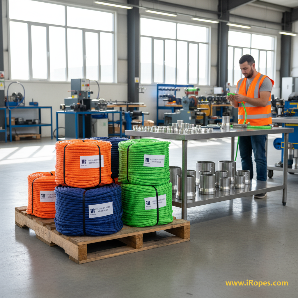 iRopes workshop displaying custom‑coloured synthetic winch rope spooled on a pallet, with thimbles and branding tags, showcasing precision manufacturing.
