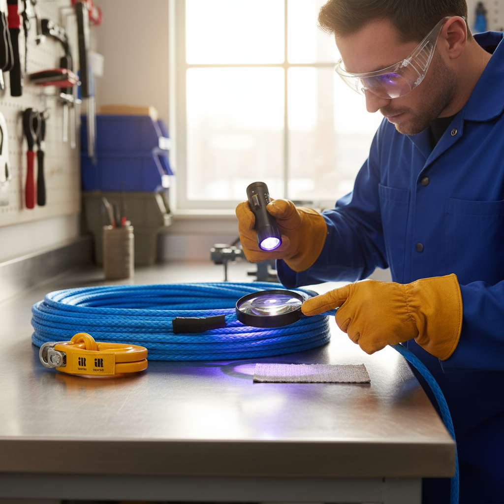 Technician examining a synthetic winch rope for abrasion, UV fade and splice integrity on a workshop bench
