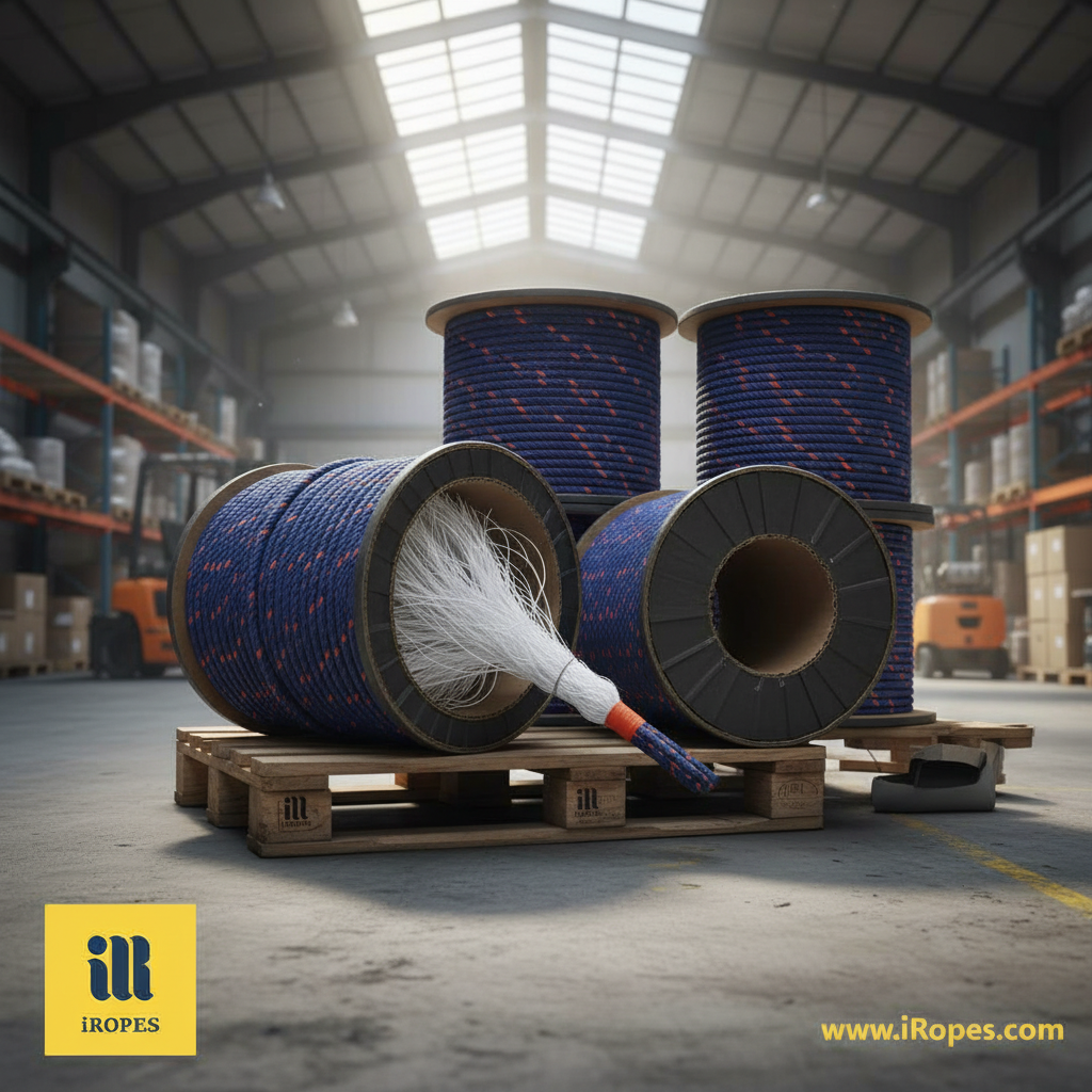 Spool of nylon rope on a pallet, showing the woven sheath and core strands visible through the cut end