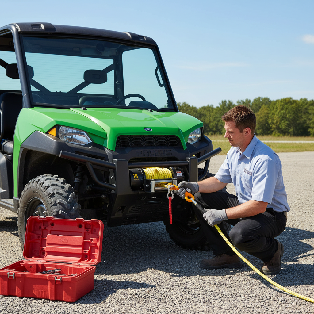 Technician pulling a newly installed Ranger winch rope on a Polaris Ranger, reading a tension gauge while sunlight reflects off the rope's reflective trim