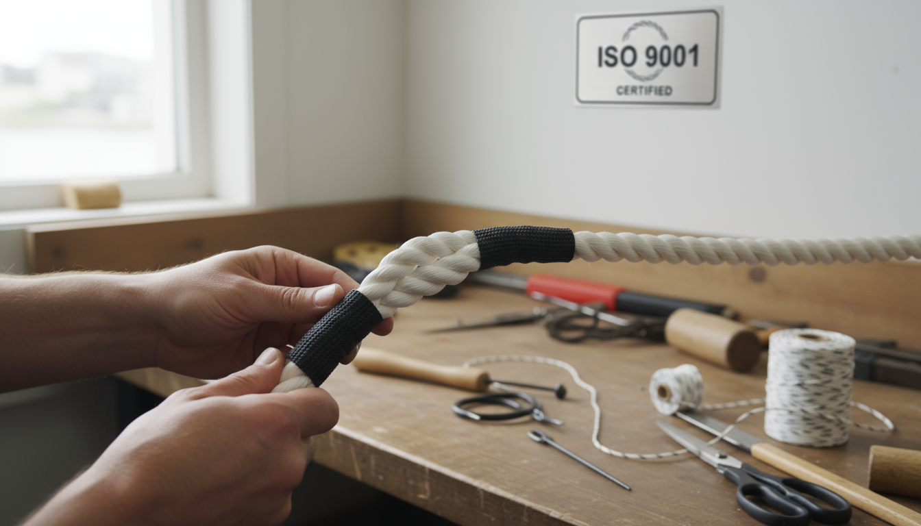 Close-up of a rope technician creating an eye splice on a three‑strand nylon line, showing the interwoven strands and finished loop
