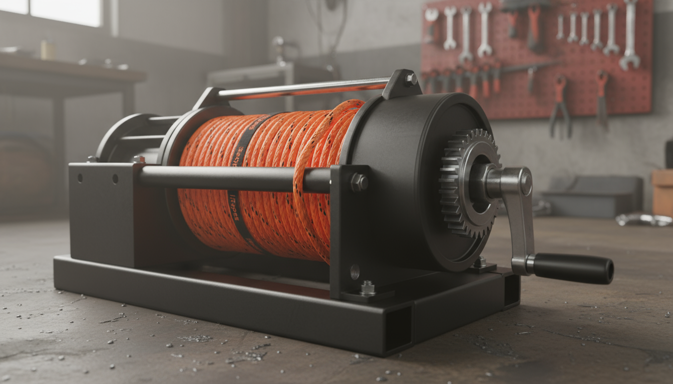 Close-up of a rope‑along winch showing the rope, drum reel, pawl mechanism and hand crank handle on a steel frame