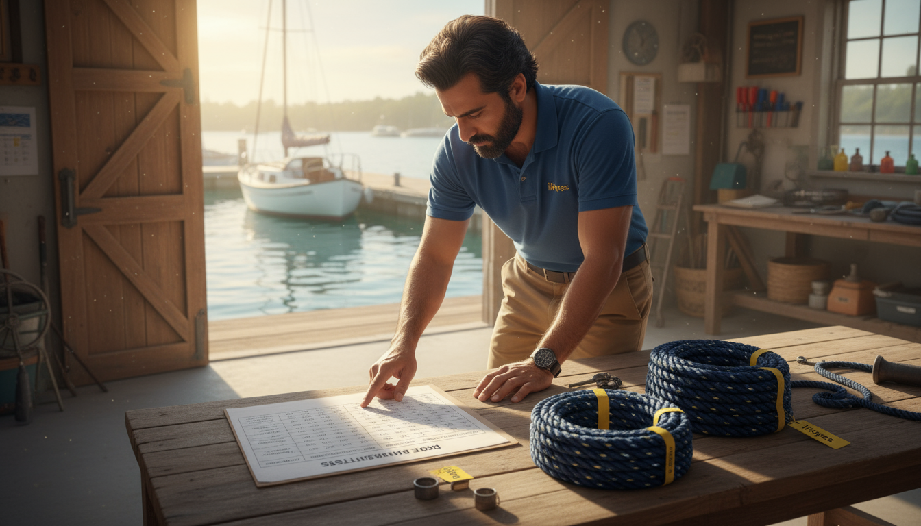 Tabelle der Bruchfestigkeiten für 3‑Strang‑Nylon-, Polyester‑ und HMPE‑Seile nach Durchmesser, dargestellt in Pfund‑Kraft.