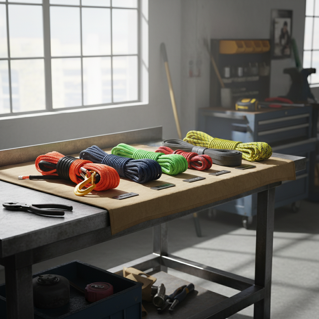 Assortment of iRopes custom synthetic ropes including winch rope, rigging line, recovery kinetic rope, soft shackle, towing rope, and strop, displayed on a workshop table