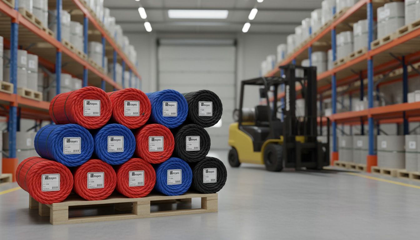 Eine Auswahl fertiger Bohrlochseil‑Rollen auf einer Lagerpaletten, jede gekennzeichnet mit Durchmesser, Material und Farbe.