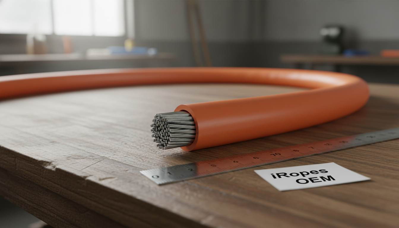 Close-up of vinyl-covered wire rope showing steel core and orange vinyl sheath, highlighting flexible coating and robust strands