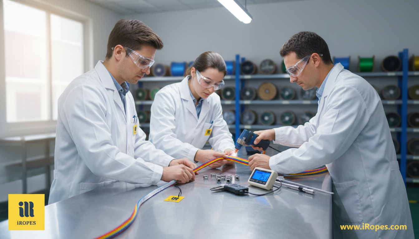 iRopes technicians assembling a custom vinyl‑covered wire rope with colour‑coded sheath and reflective strip, showing precision workbench
