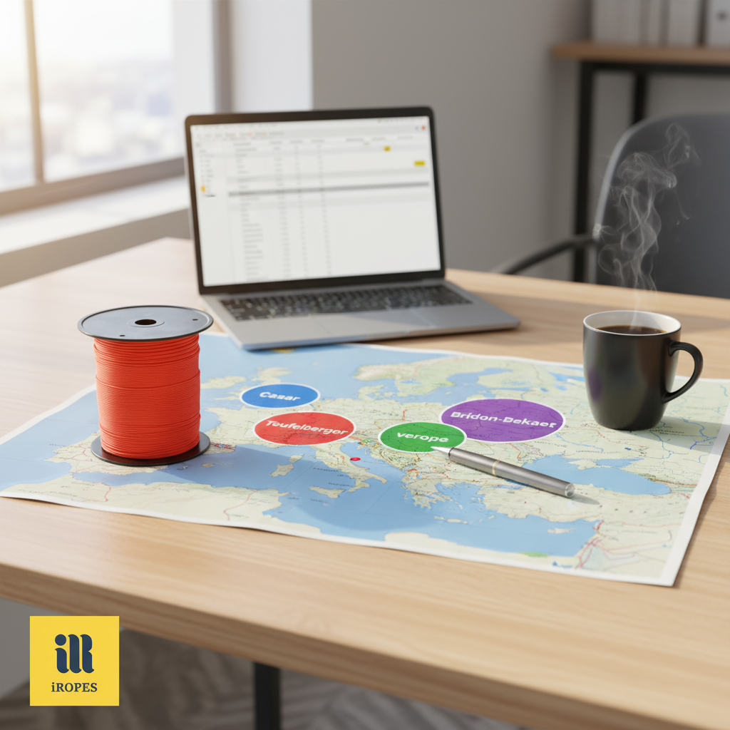 Map of Europe highlighting locations of leading wire rope manufacturers such as Casar in Germany, Teufelberger in Austria, Fatzer and verope in Switzerland, and Bridon‑Bekaert in Belgium/UK