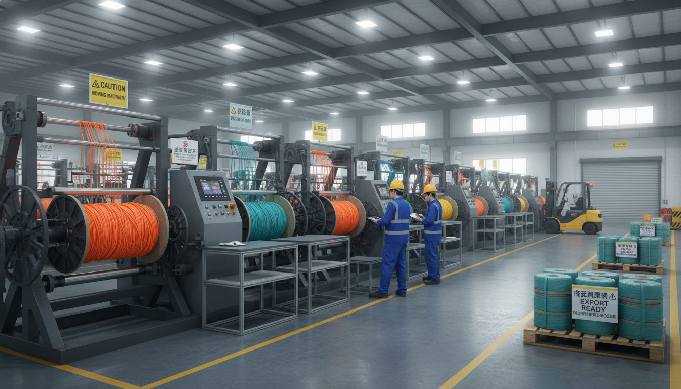 iRopes manufacturing floor with high‑tech rope winding machines, showcasing custom UHMWPE and Technora™ ropes ready for export