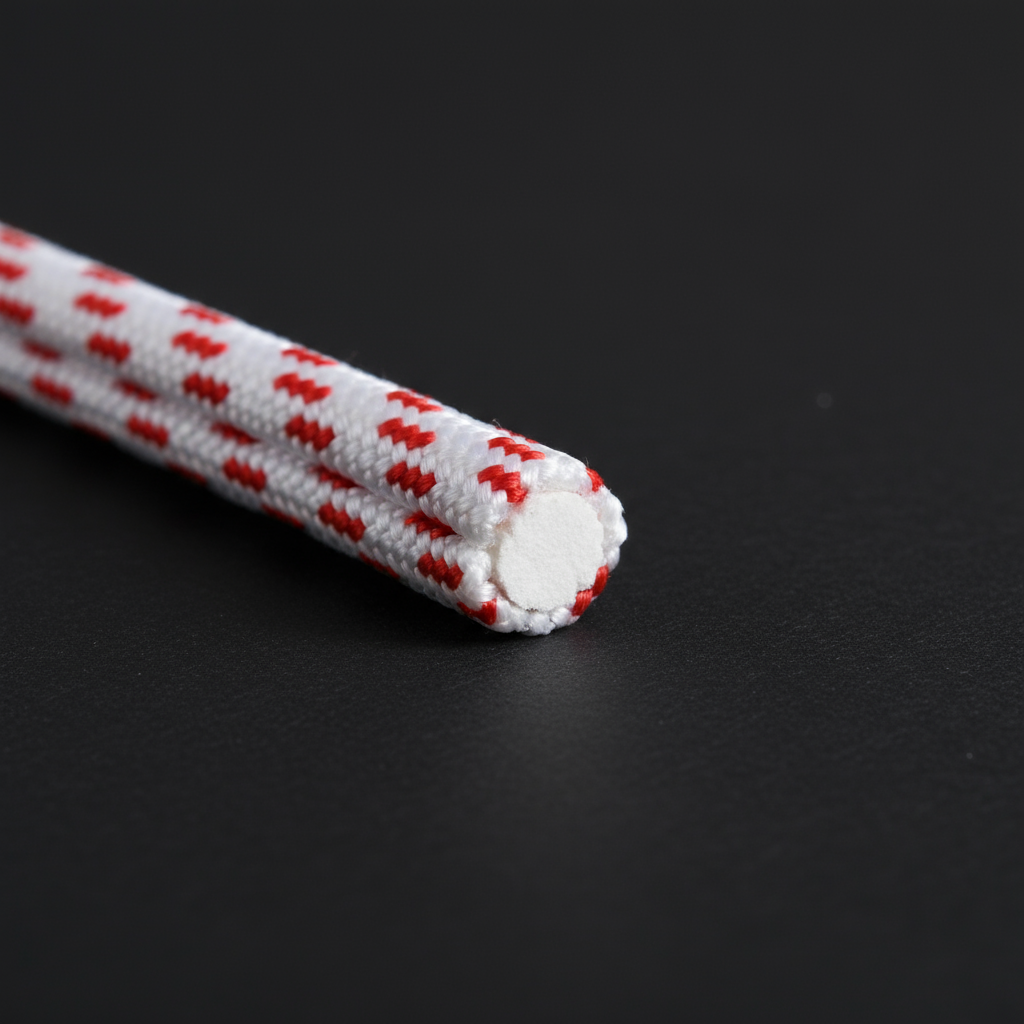 Cross‑section of braid‑on‑braid polyester rope showing nylon core wrapped by polyester outer braid, laid on a dark background