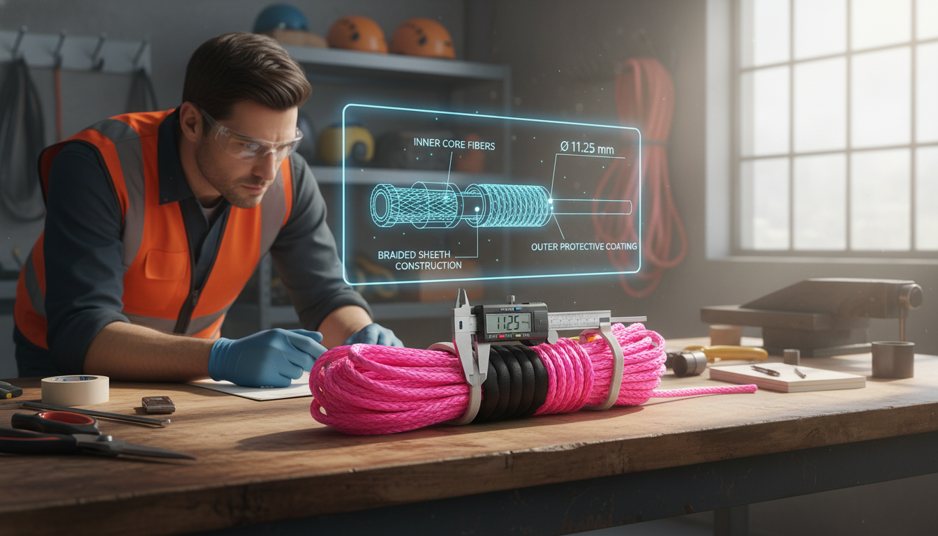 Diagram illustrating rope construction layers: core fibres, braid pattern, outer coating, and diameter dimensions