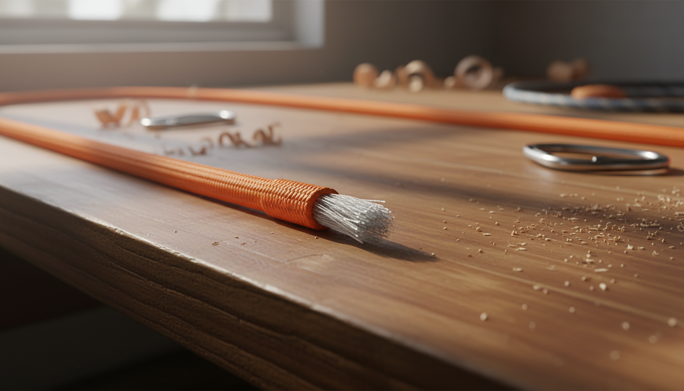 Close‑up of an 8‑strand static cord showing polyester fibres and nylon braid, laid out on a wooden workbench