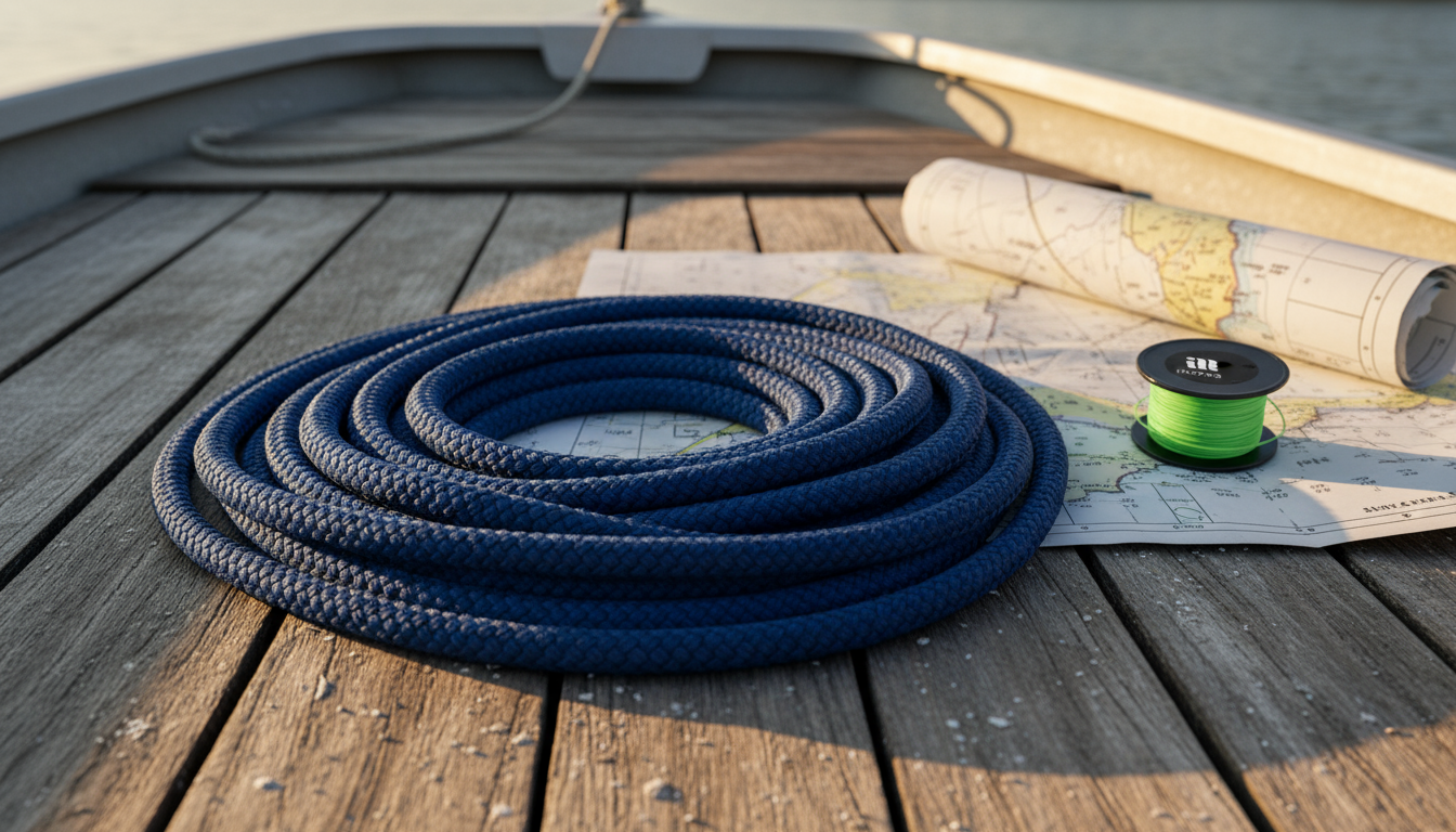 Close‑up of a quarter‑inch nylon braid rope coiled on a deck, showing the tight weave and navy‑blue colour