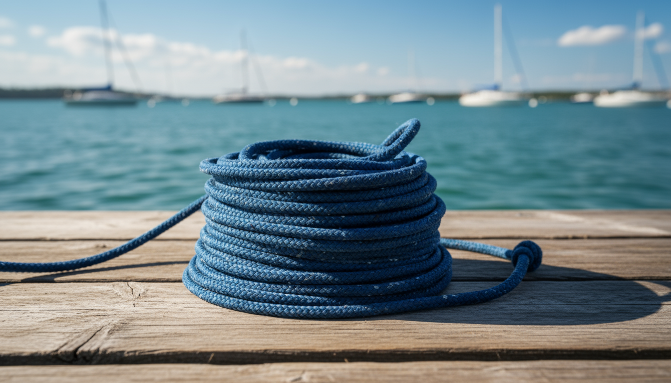 Quarter inch nylon rope coiled on a dock with sun glinting off its navy fibres, highlighting its flexibility and UV coating