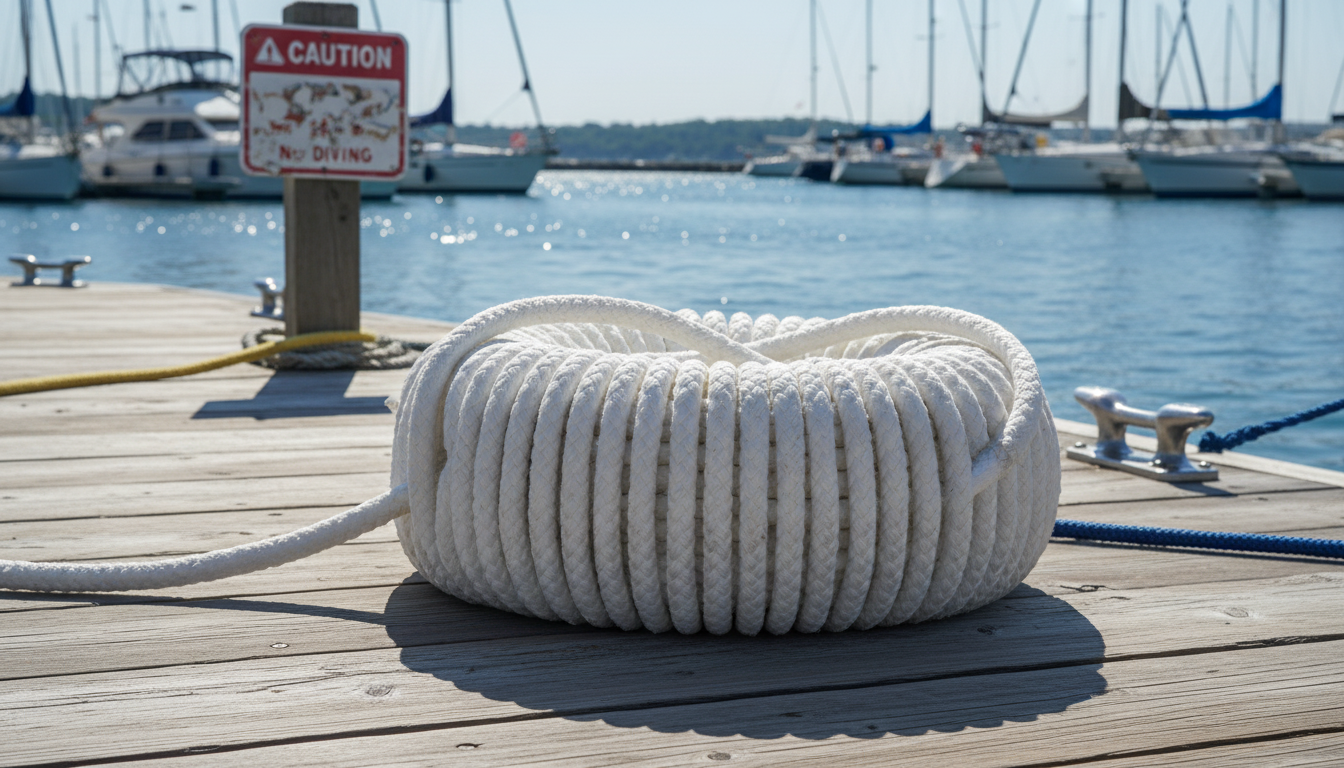Coiled 1‑inch polypropylene rope on a marine dock, showing its thick white fibres and sturdy construction under bright sunlight