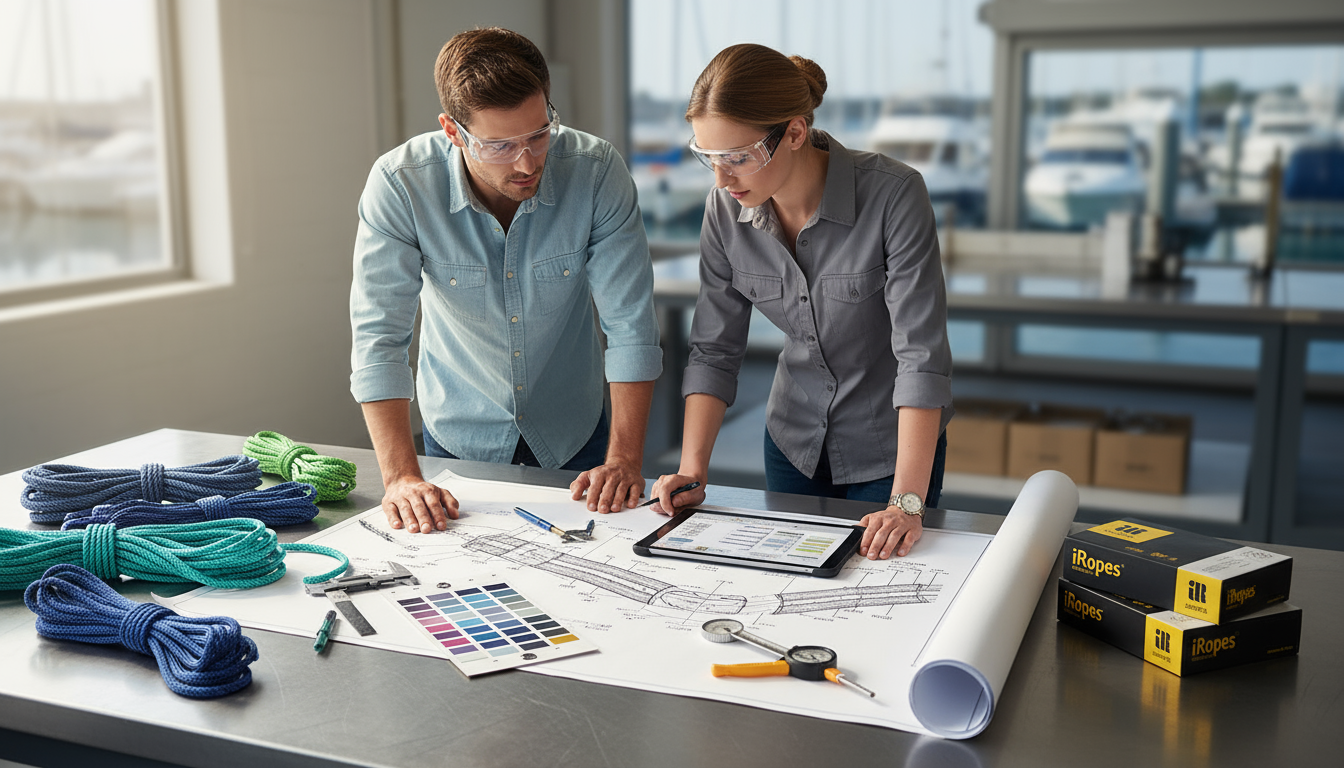 iRopes engineers reviewing custom marine rope samples on a workbench, with colour swatches and technical drawings visible