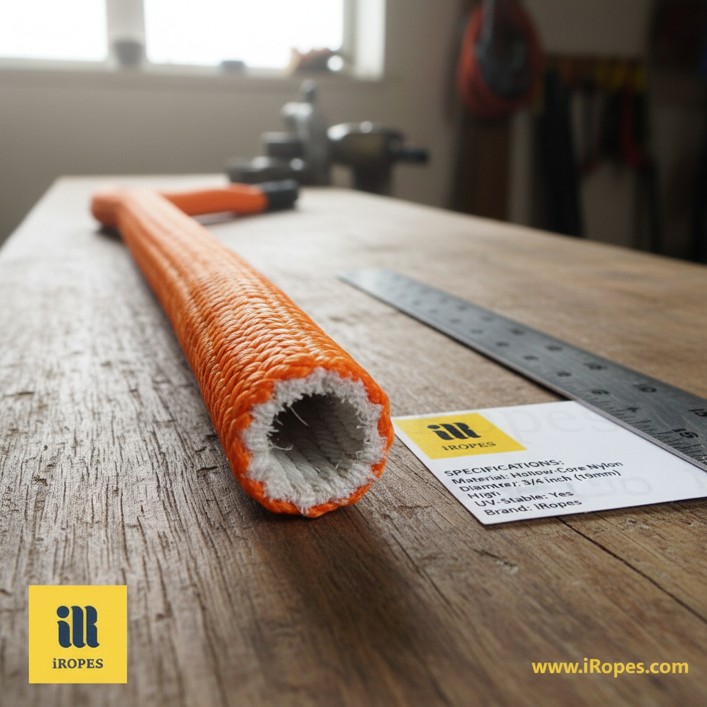 中空核尼龍繩的橫截面圖，展示管狀內部與編織護套，凸顯其輕量化結構。