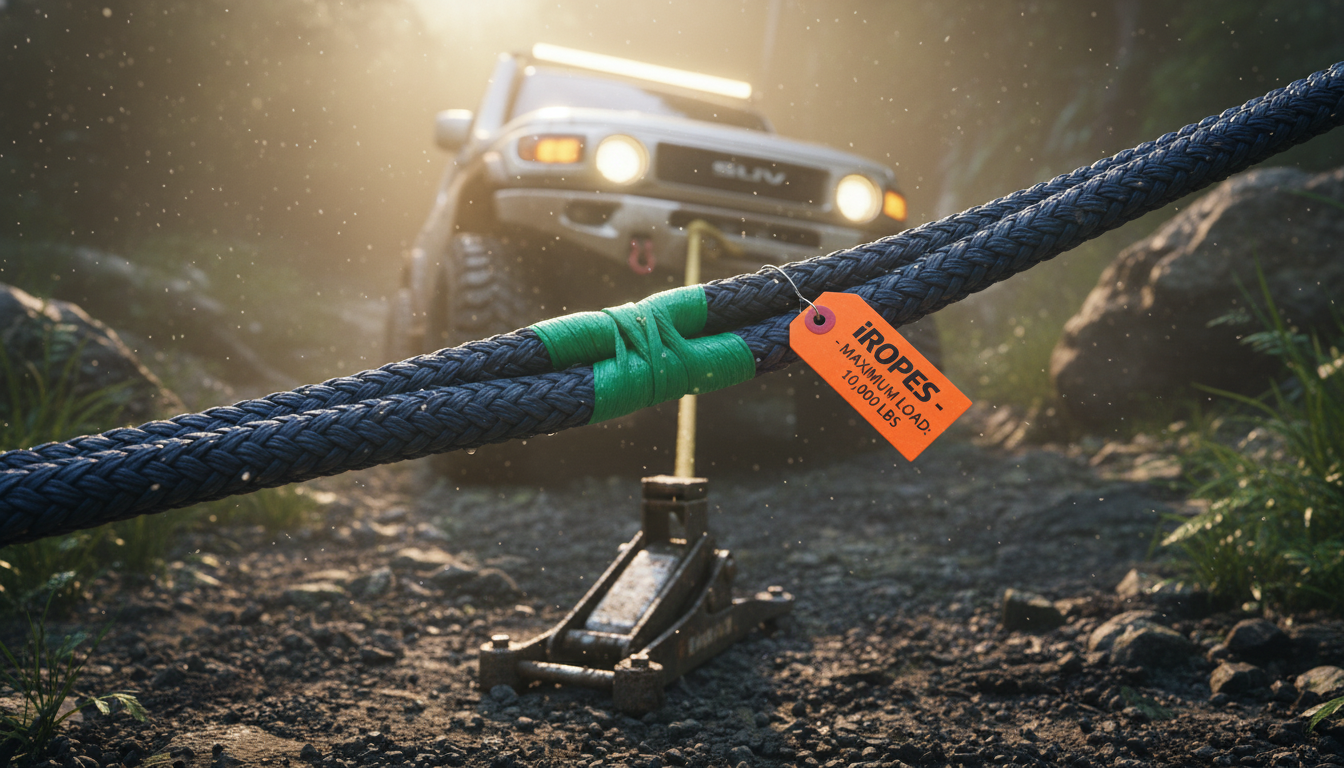 Close-up of a thick nylon rope stretched under load, showing fibres and a bright orange safety tag