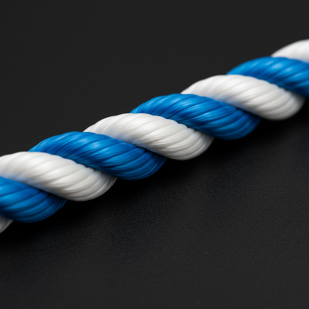Close‑up view of a 3‑strand twisted polyester rope showing the twisted construction with bright blue fibres against a dark background