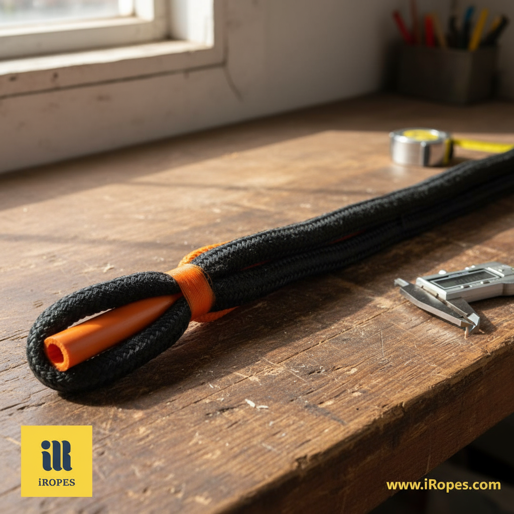 中空核尼龍繩的特寫，顯示八股編織環繞管狀核心，說明材質與圖案。