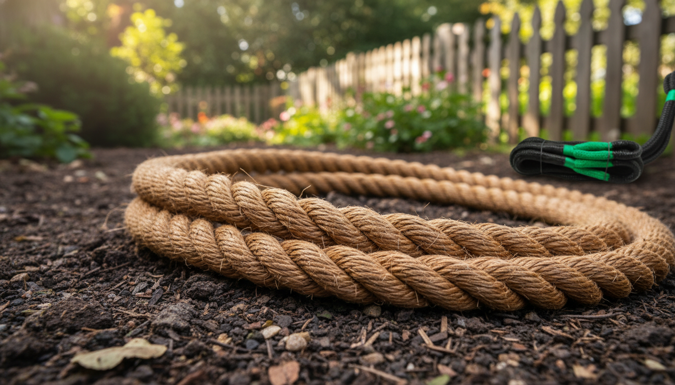 Close‑up of natural hemp rope showing coarse brown fibres against a sunny garden backdrop, highlighting its texture and colour.