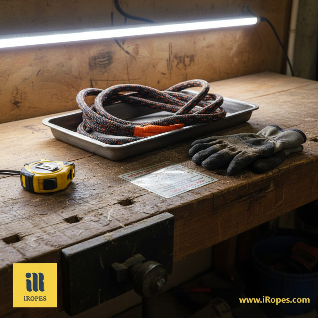 工作台上的客製化中空核尼龍繩，展示鮮明的色碼與反光條，提升安全性與品牌辨識。