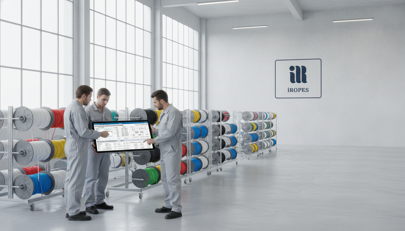 iRopes engineers reviewing custom rope specifications on a digital tablet in a modern factory