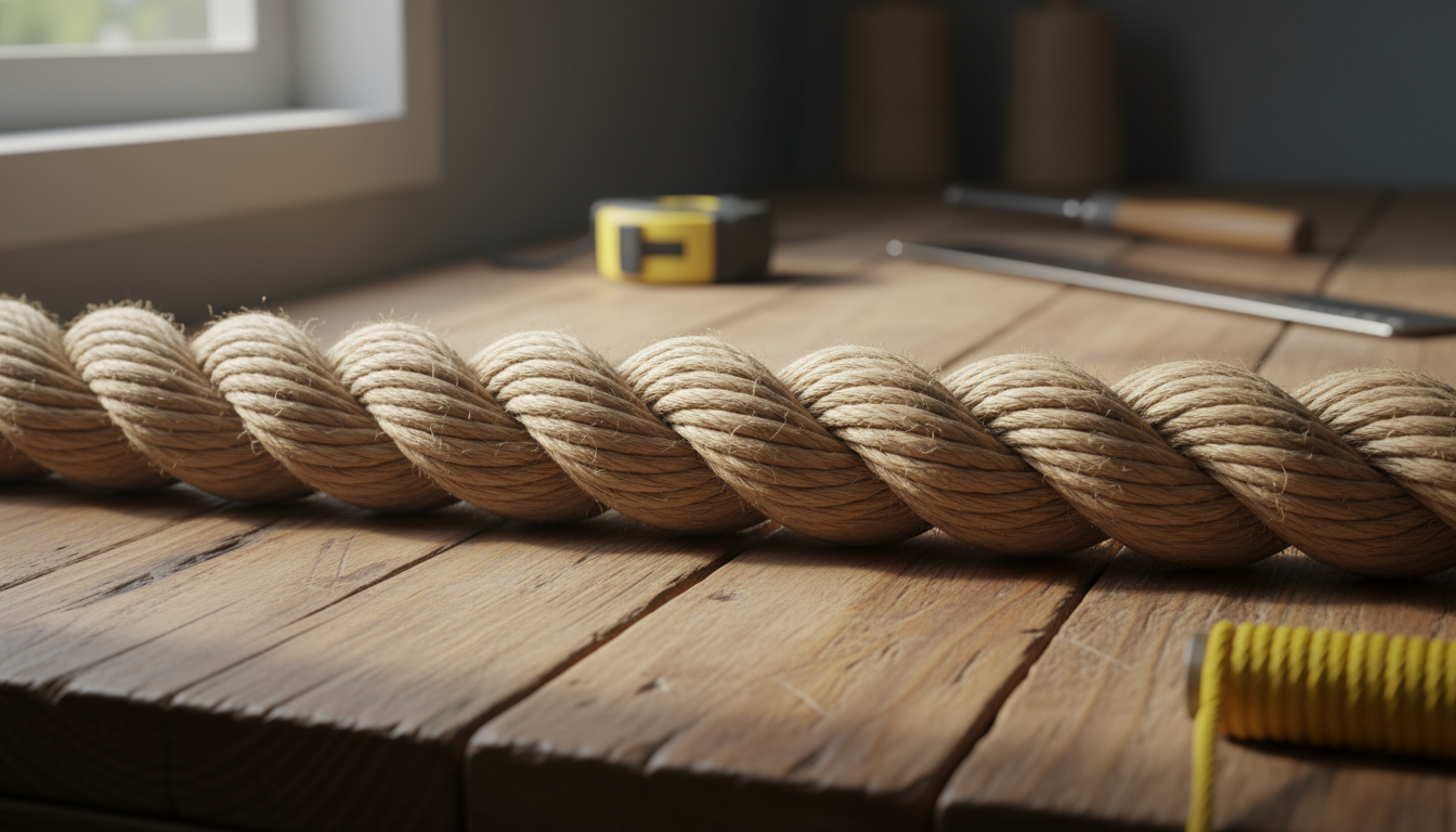 Close‑up of a 3‑strand hemp rope showing three twisted fibres in a laid construction