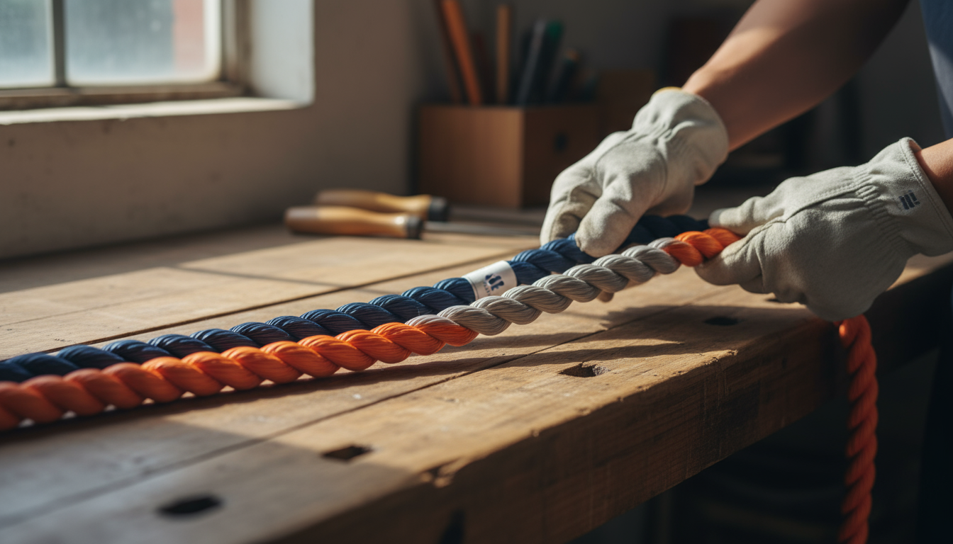 Close-up of a 3 strand twisted rope showing three intertwined strands and colour variations