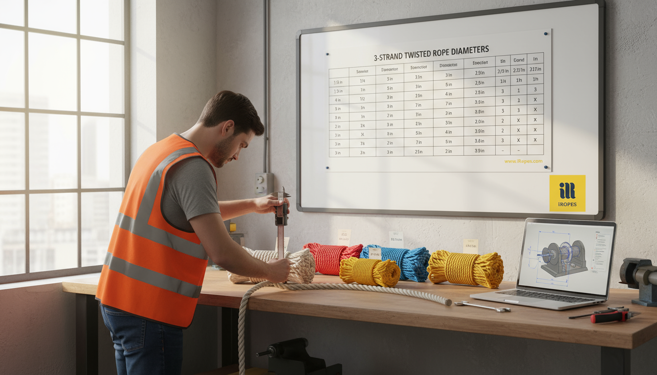 Diameter chart of 3 strand twisted rope showing sizes from 1/8 inch to 3 inch with colour variations