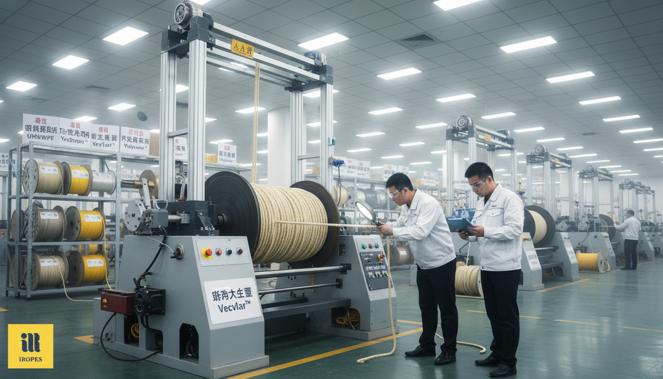 iRopes production floor with hemp rope spooling on large winder, workers inspecting fibres, showcasing quality control