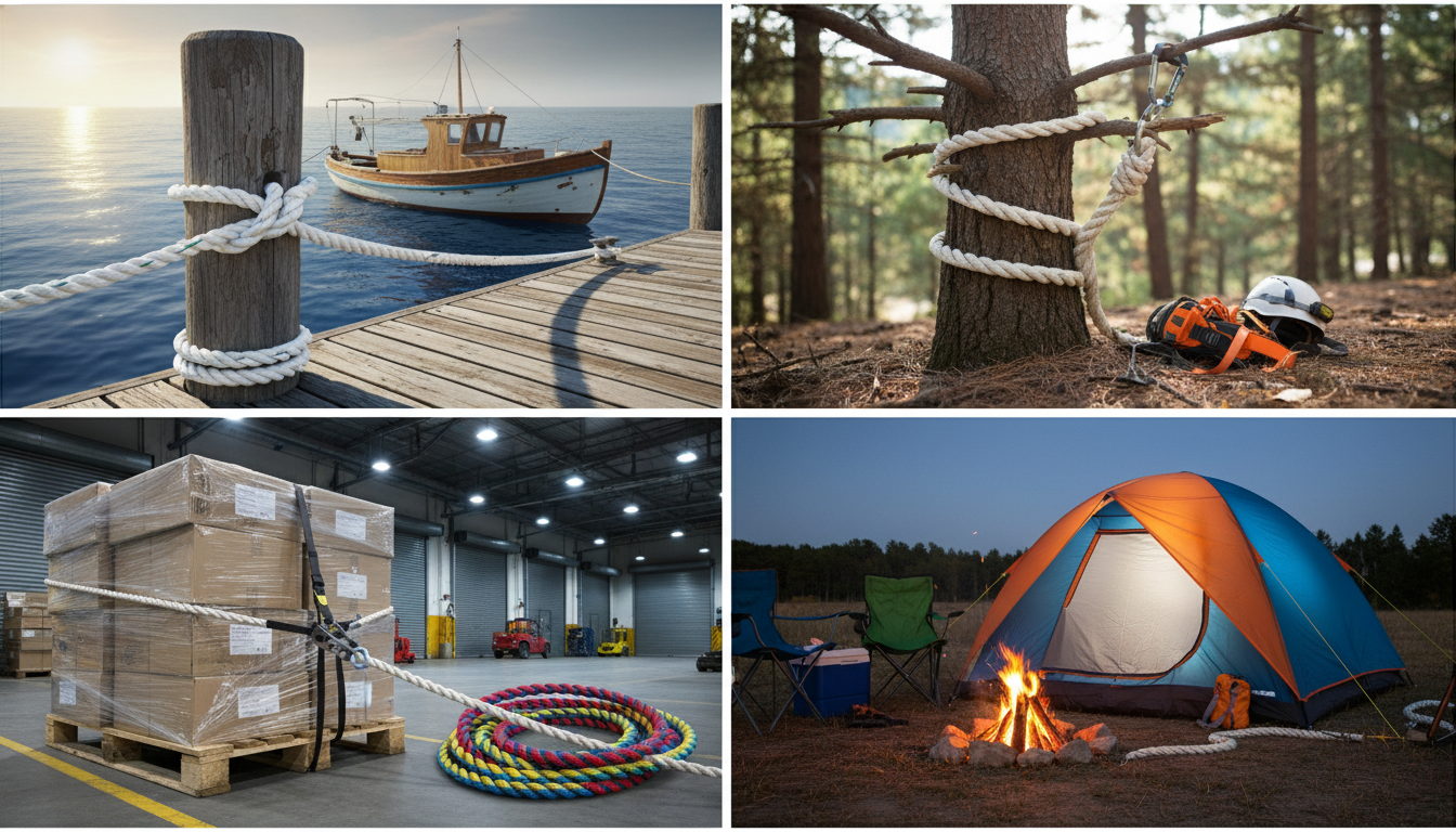 A collage showing 3 strand twisted rope used as a dock line, a tree‑work sling, an industrial cargo tie‑down and a colourful battle rope on a campsite