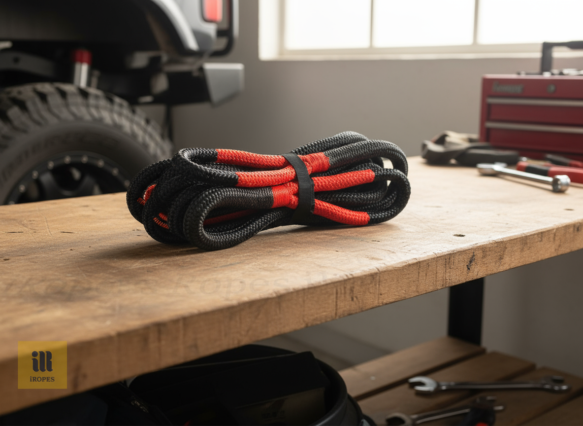 Coiled 1‑inch kinetic recovery rope in black and orange, showing the high‑elongation nylon texture and branded eye loops